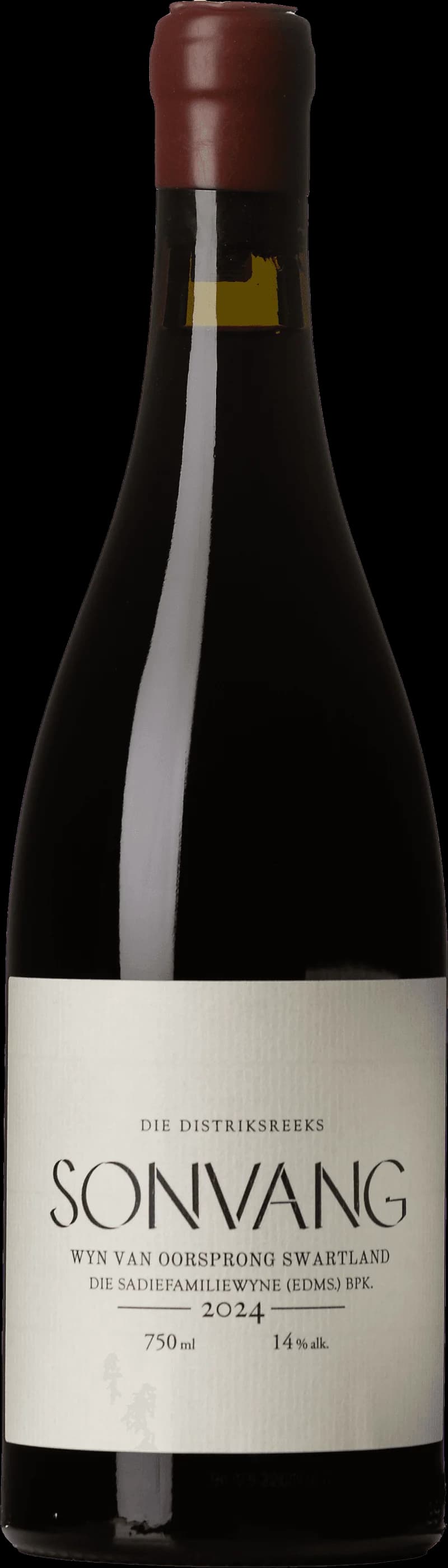 Flaska från Sadie Family Wines med rött vin på en bordsservering.