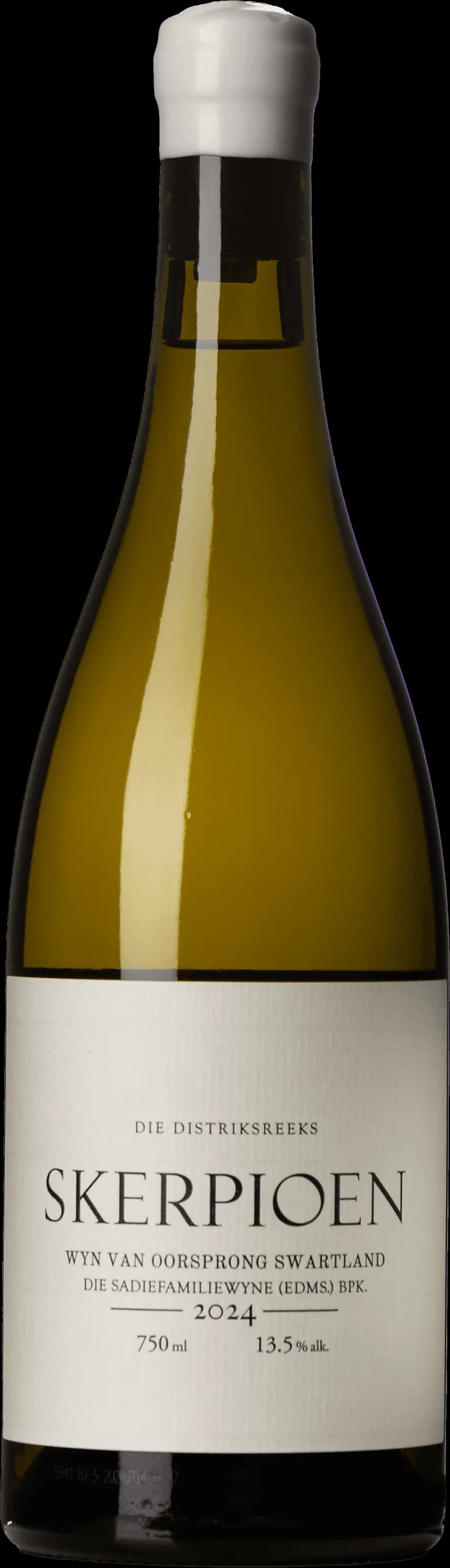 Flaska av Sadie Family Wines vitt vin mot ljus bakgrund.