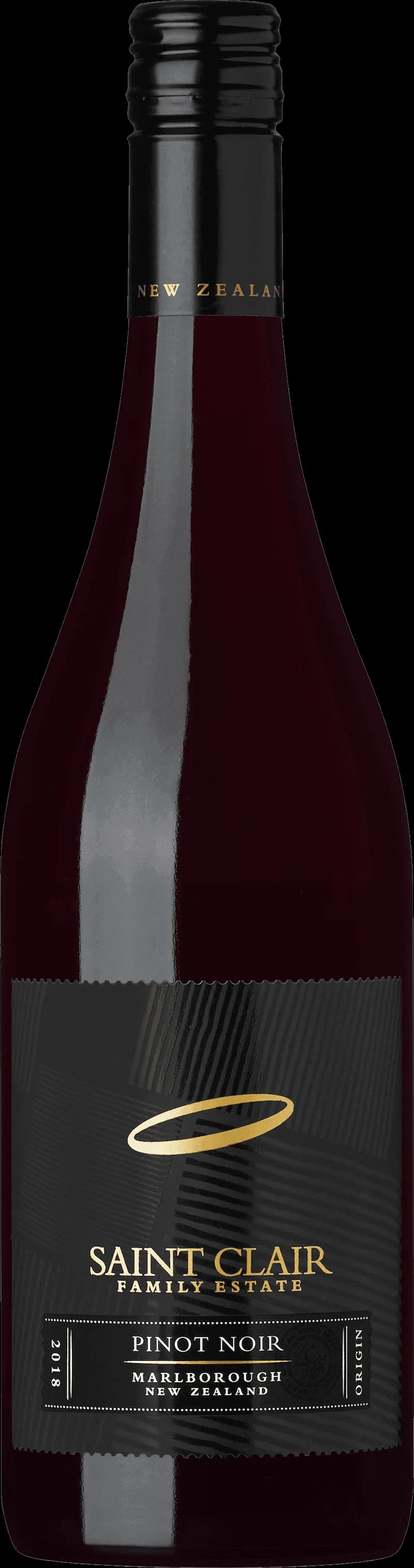 Flaska med Saint Clair Origin rött vin mot en mörk bakgrund.