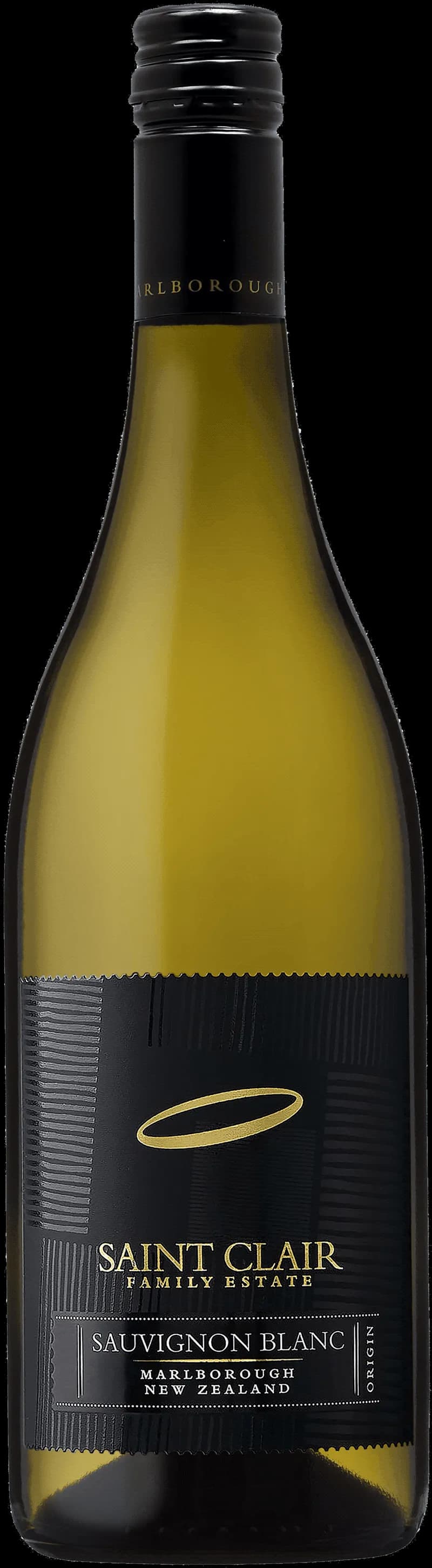 Flaska av Saint Clair Origin vitt vin mot ljus bakgrund.