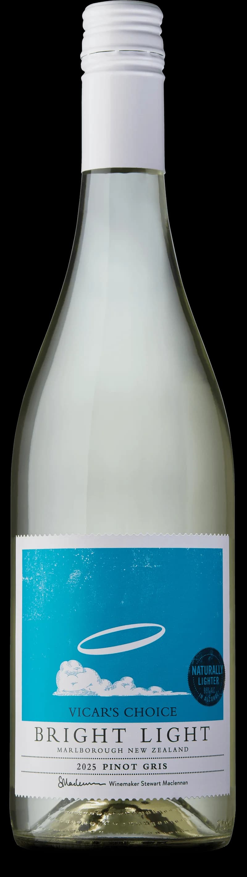 Flaska med Saint Clair Vicar's Choice vitt vin mot ljus bakgrund.