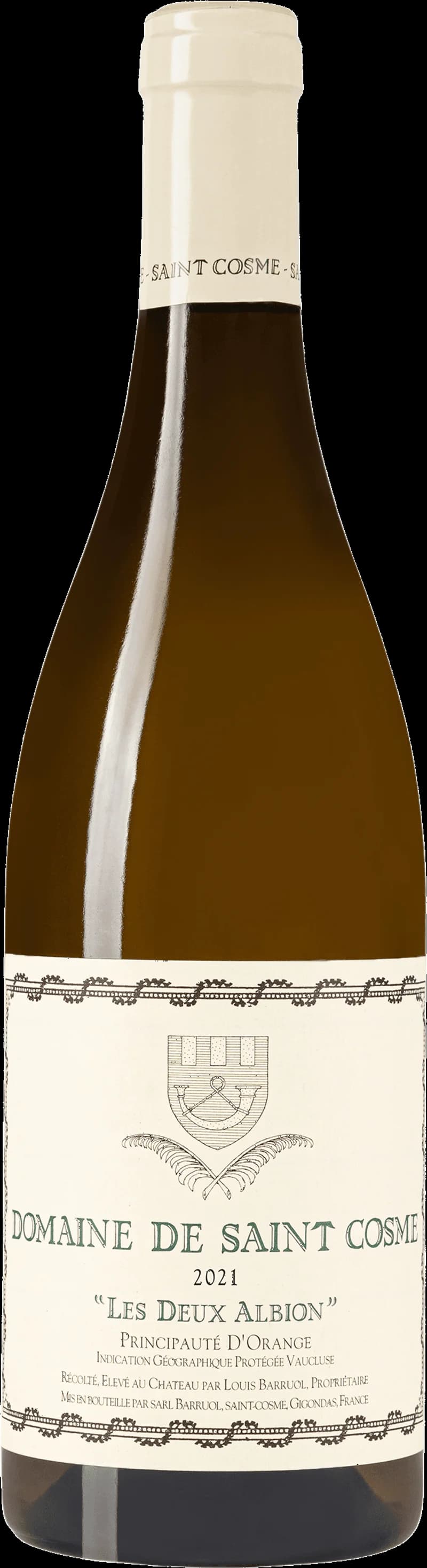 Saint Cosme vitt vin i ett vinglas mot en ljus bakgrund