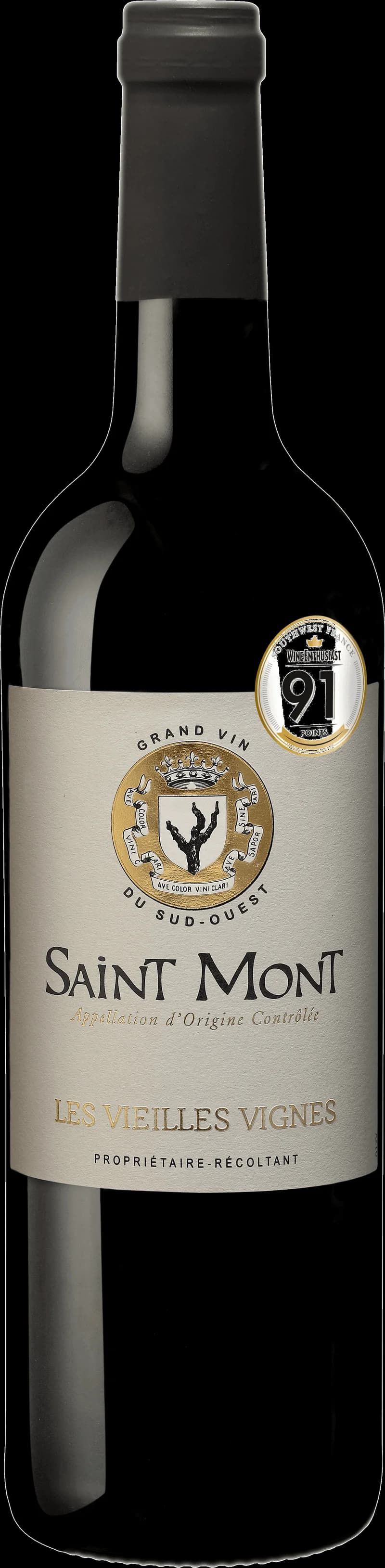 Flaska och glas med rött vin från Saint-Mont