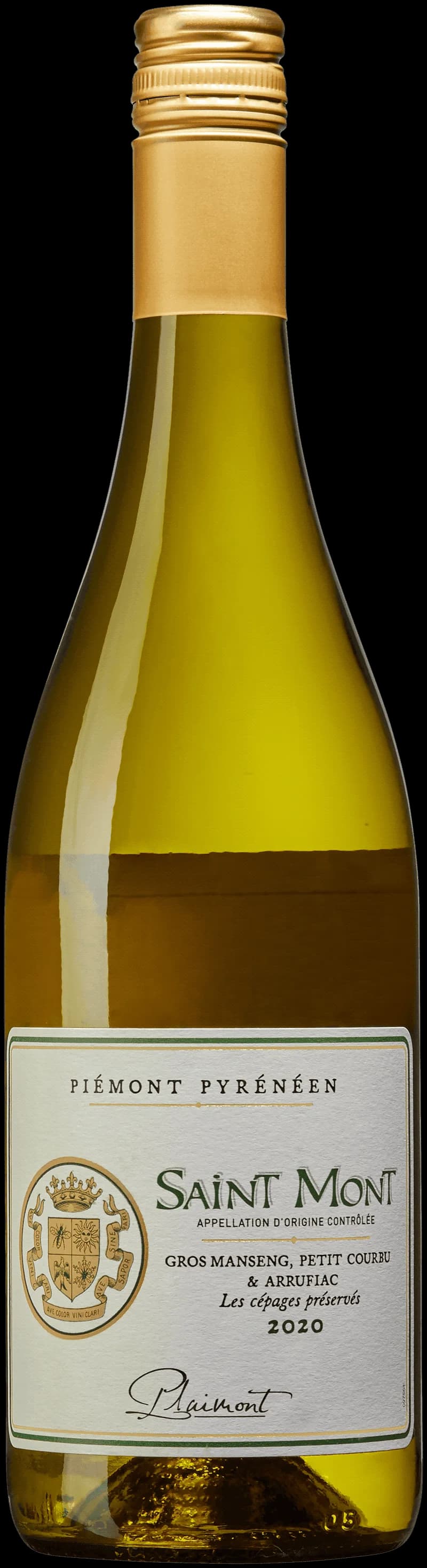 Flaska med vitt vin från Saint-Mont, omgiven av vindruvor och vingård.