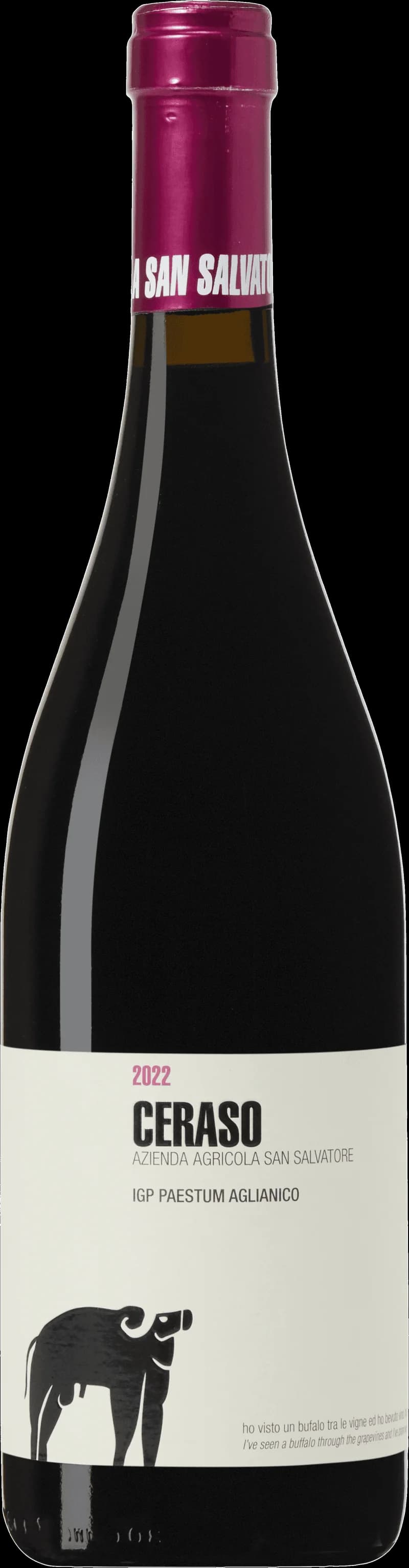 Flaska av San Salvatore rött vin på en bordsservering.