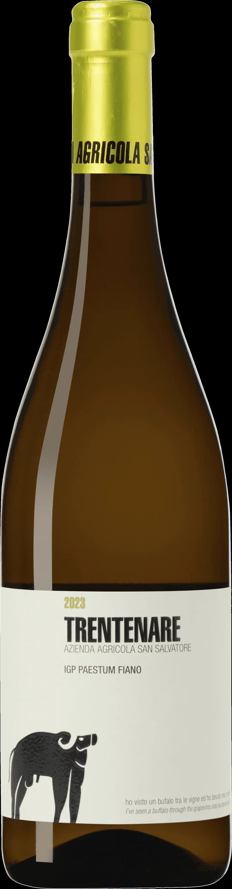 Flaska av San Salvatore vitt vin mot ljus bakgrund.