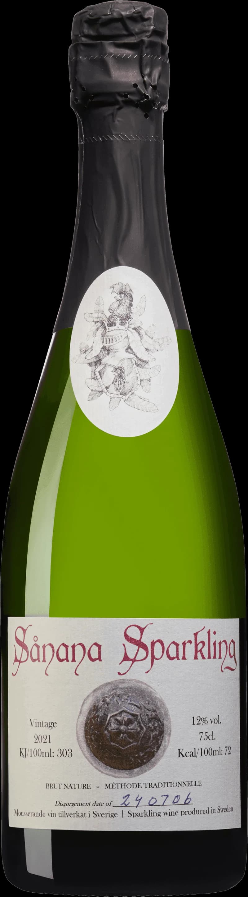 Flaska med Sanana mousserande vin och ett glas bubbel