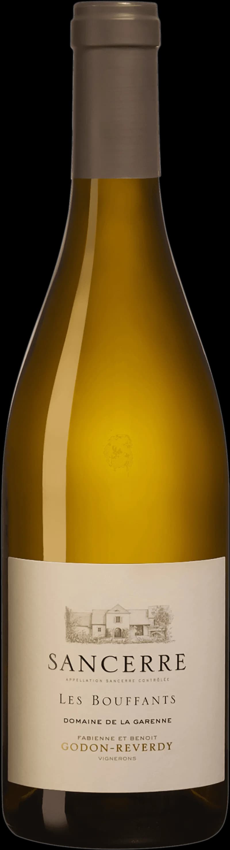 Flaska av Sancerre Les Bouffants vitt vin mot ljus bakgrund.