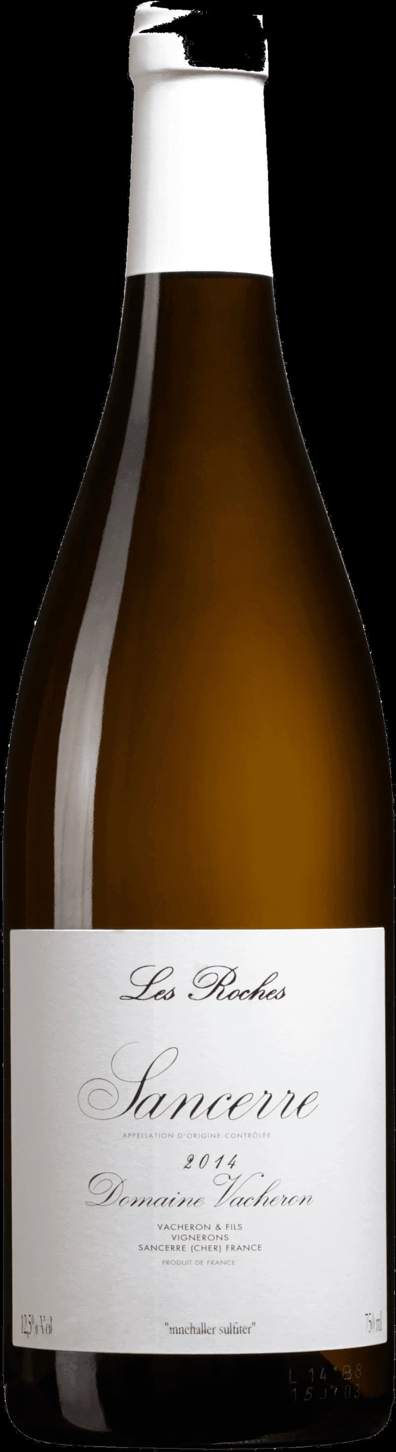 Flaska av Sancerre Les Roches vitt vin mot en neutral bakgrund.