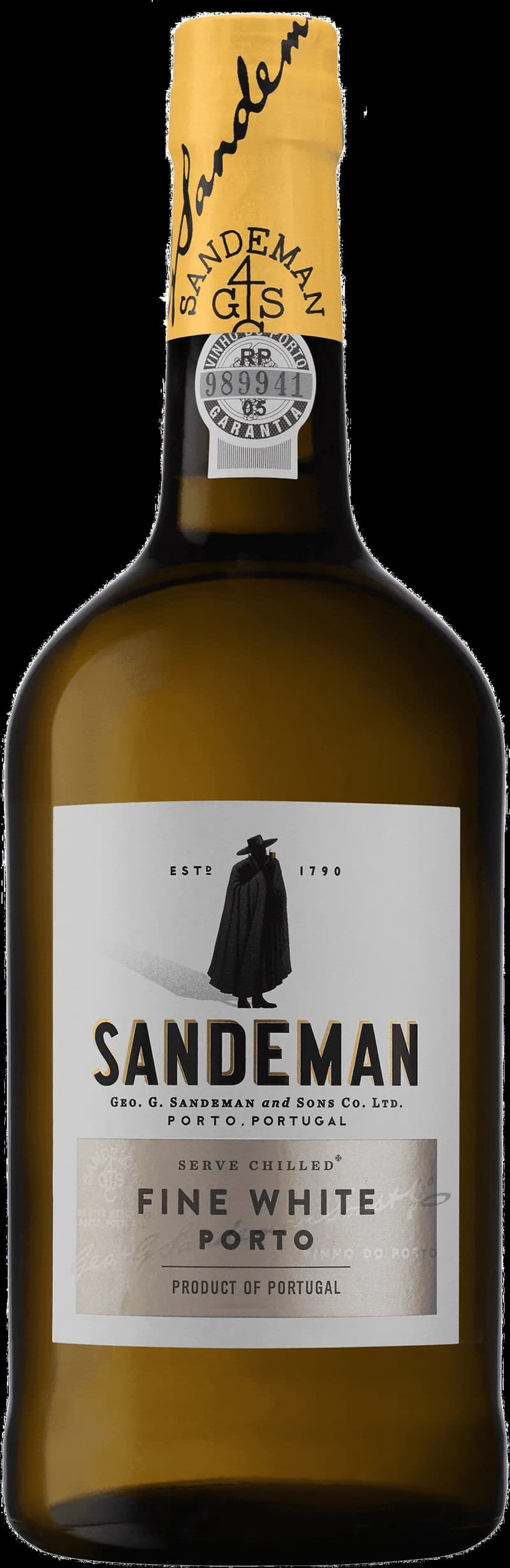 Flaska med Sandeman starkvin mot mörk bakgrund