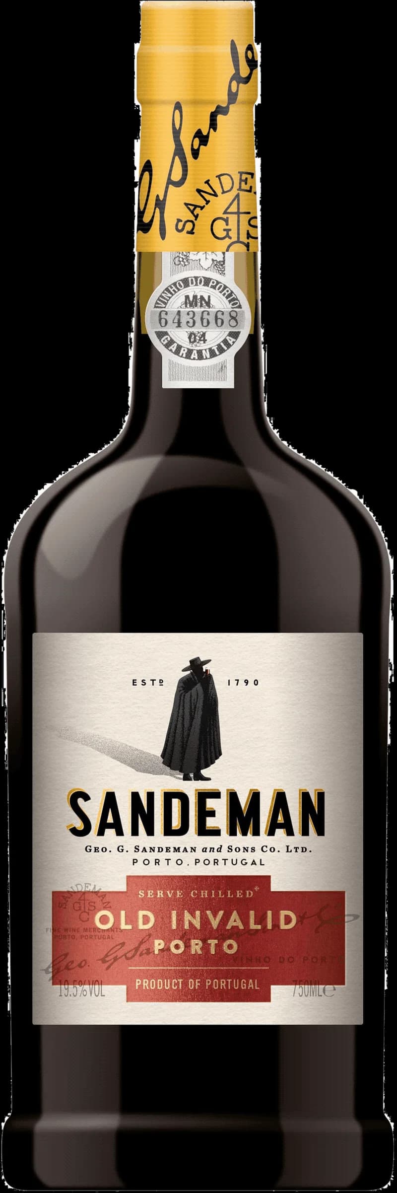 Flaska med Sandeman starkvin mot mörk bakgrund