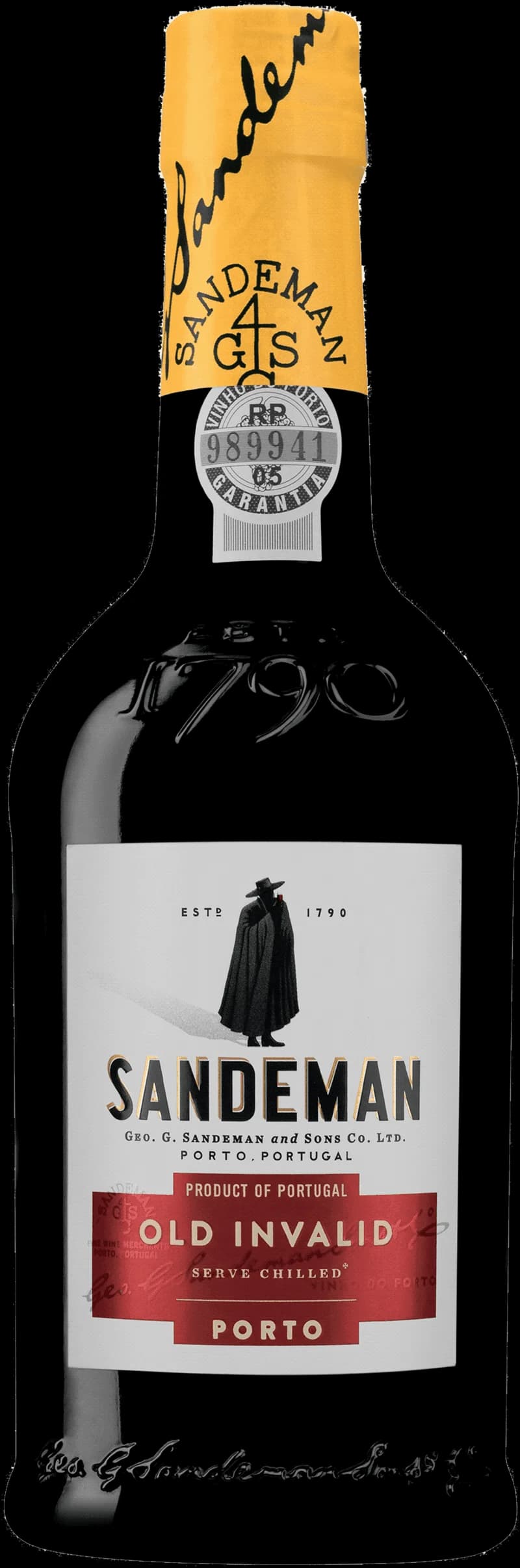 Flaska med Sandeman starkvin mot mörk bakgrund