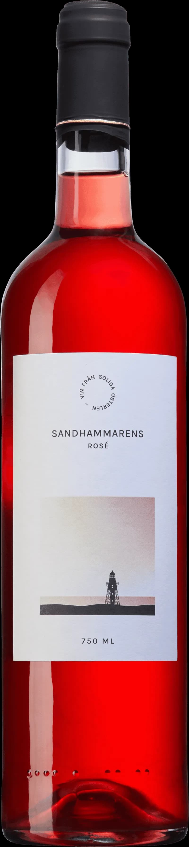 Flaska med Sandhammarens rosévin mot en ljus bakgrund.