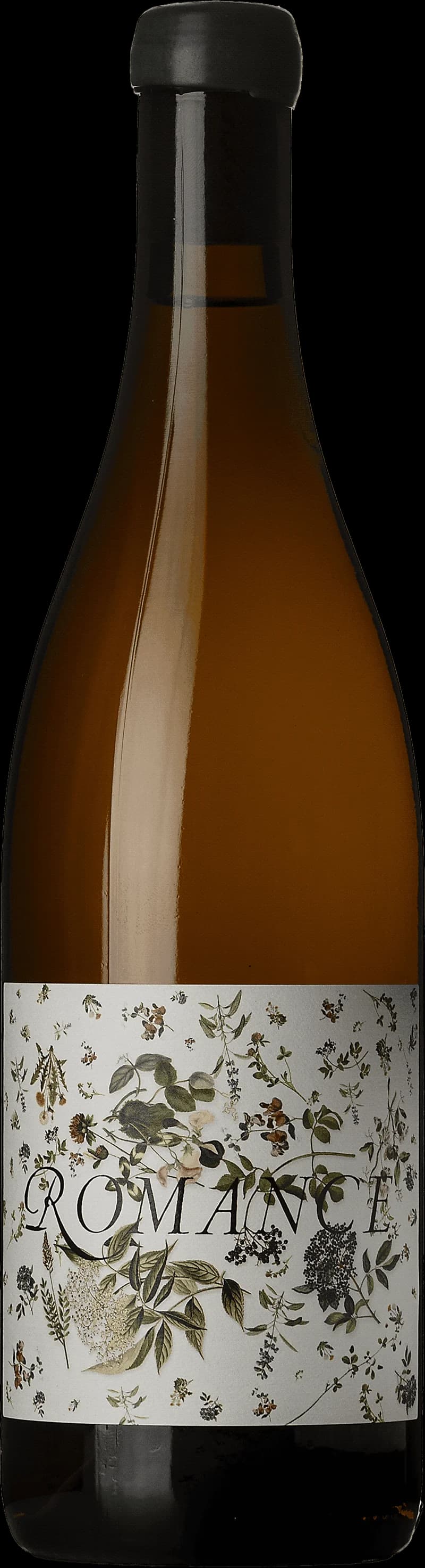 Flaska av Sandhi Romance vitt vin mot en mörk bakgrund.