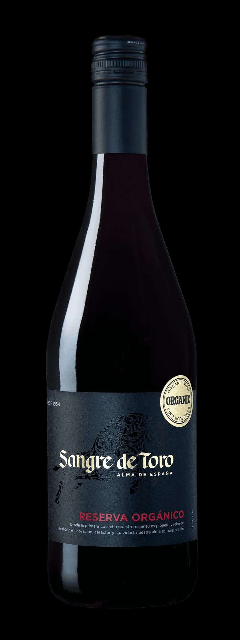 Flaska av rött vin Sangre de Toro på vit bakgrund