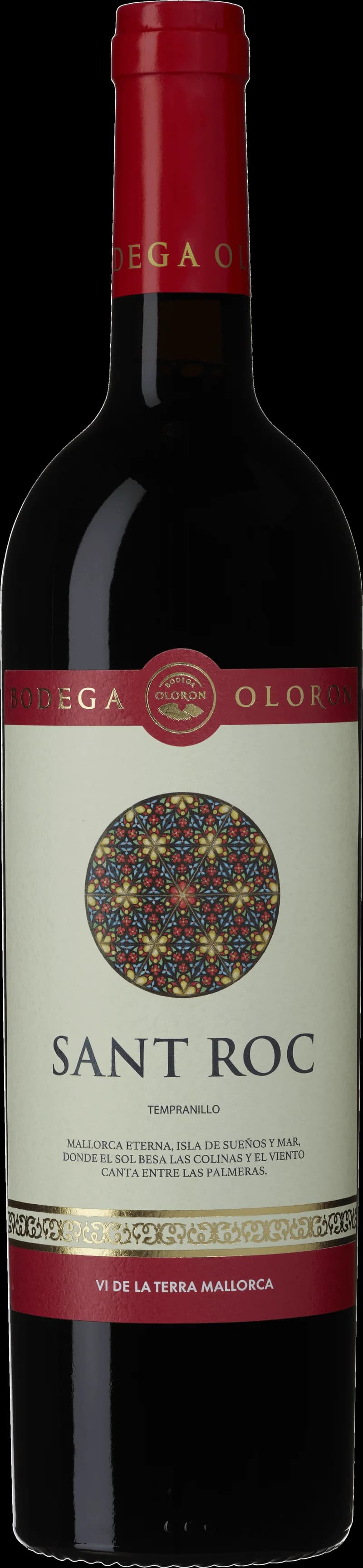 Flaska med Sant Roc Tempranillo rött vin mot en mörk bakgrund.