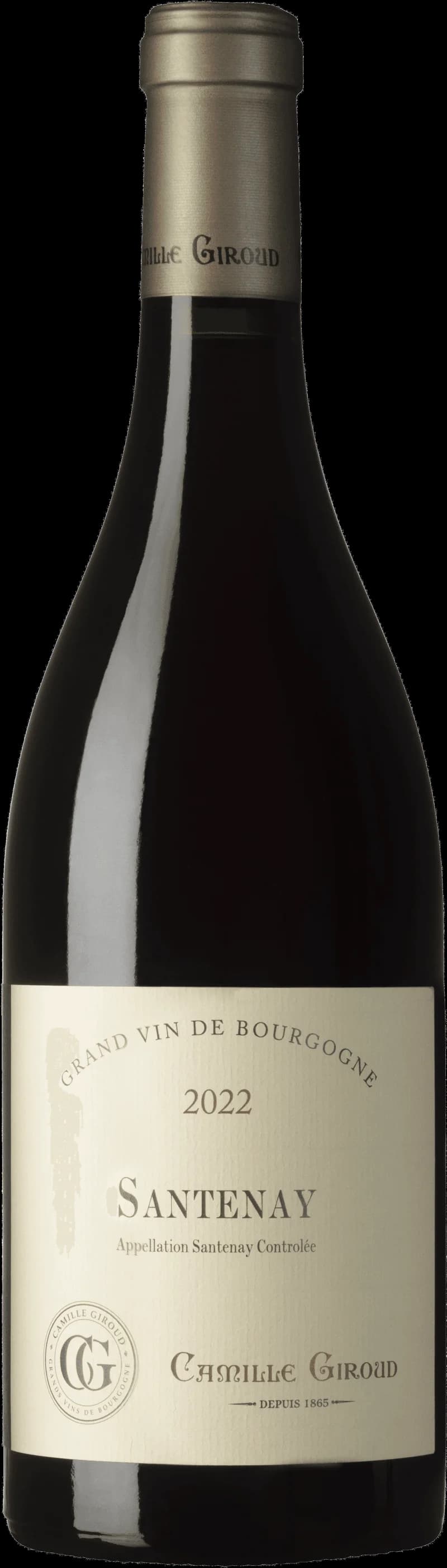 Flaska med rött vin från Santenay i Bourgogne, serverat i ett vinglas.