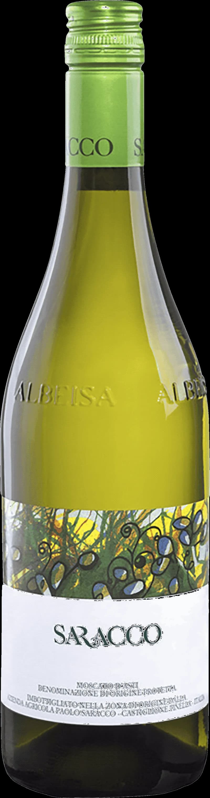 Flaska av Saracco vitt vin mot en ljus bakgrund.