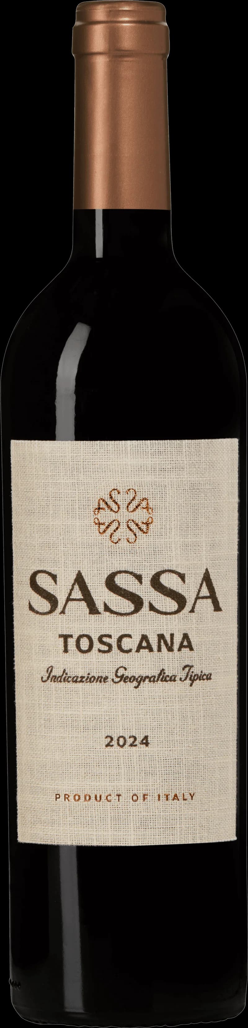 Flaska av rött vin Sassa Toscana på bordet.