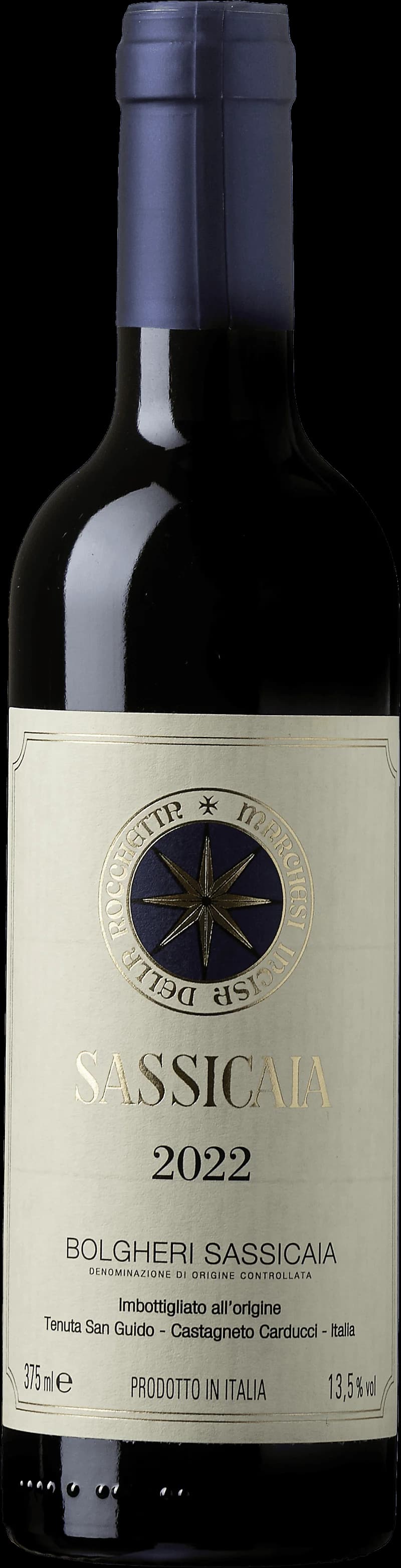 Flaska av rödvinet Sassicaia från Toscana
