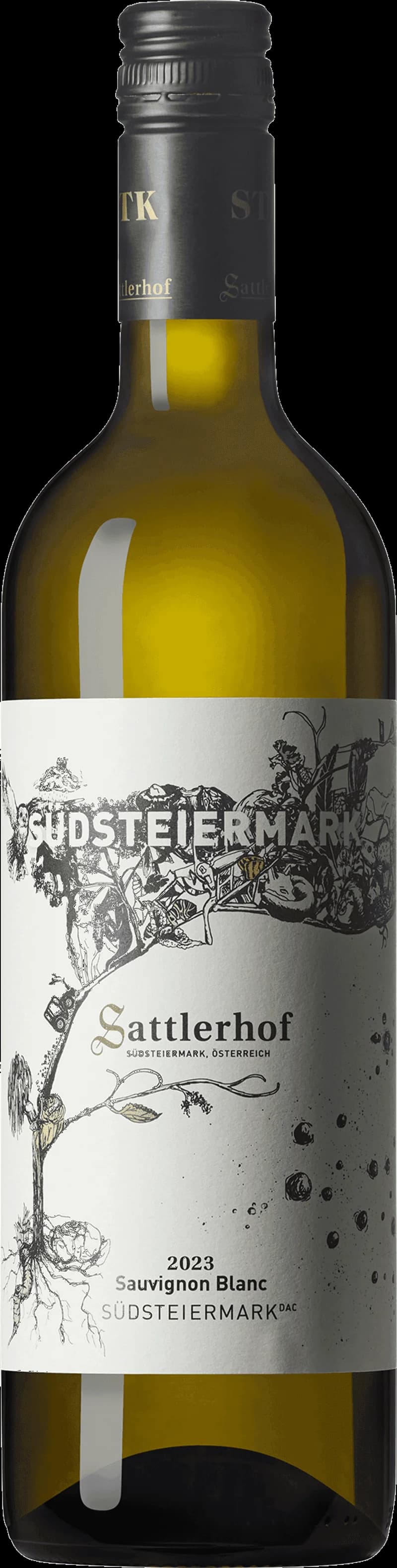 Flaska av vitt vin från Sattlerhof