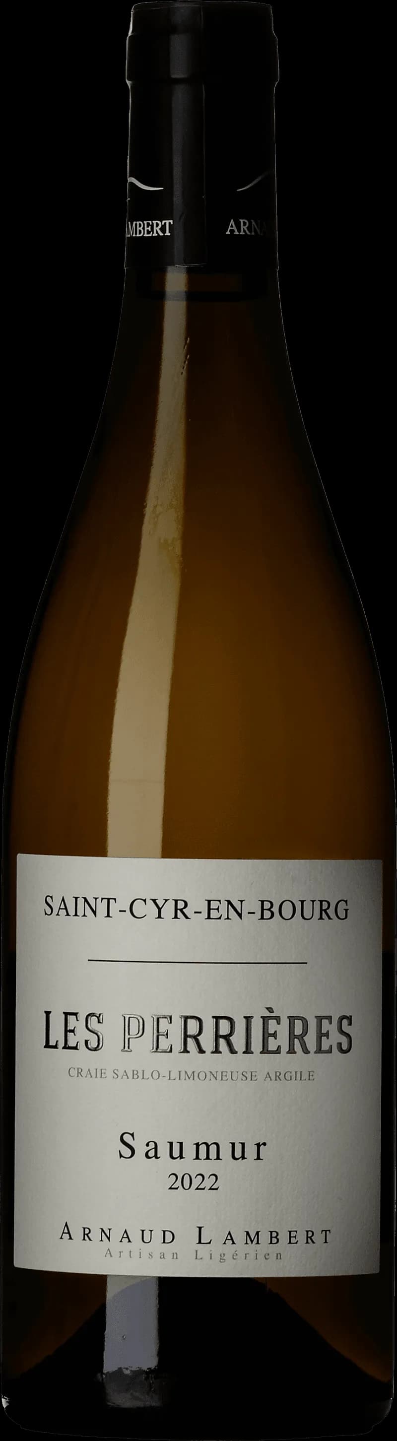 Flaska Saumur Blanc Les Perrières vitt vin mot ljus bakgrund.