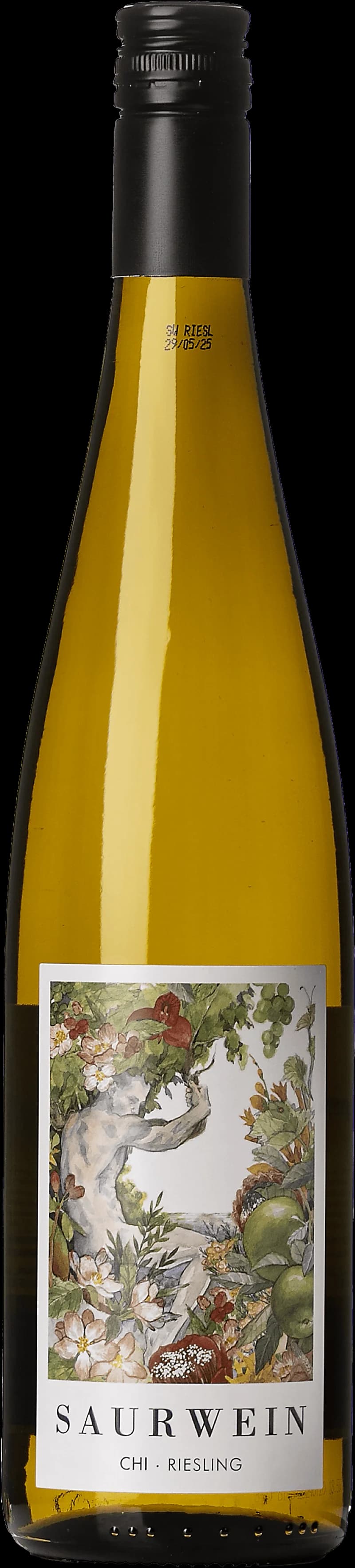 Flaska vitt vin från Saurwein på en bordsservering.