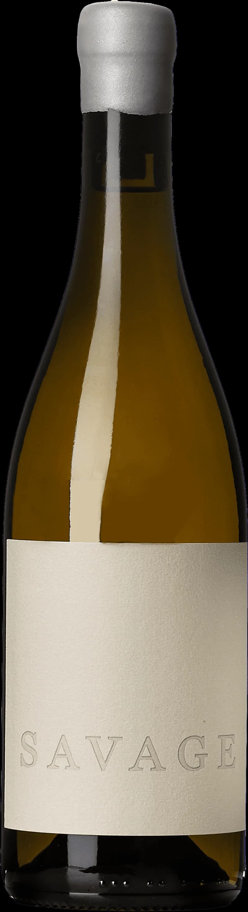 Flaska av vitt vin från Savage i närbild