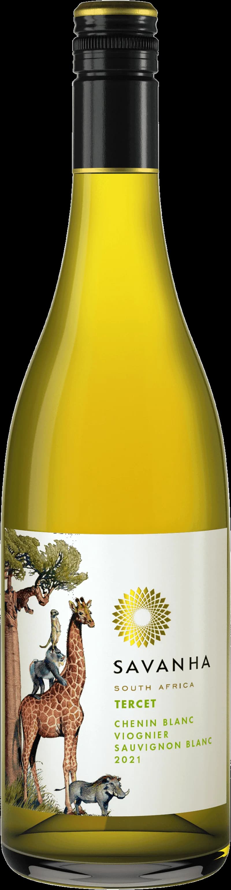 Flaska av Savanha Tercet vitt vin mot neutral bakgrund.