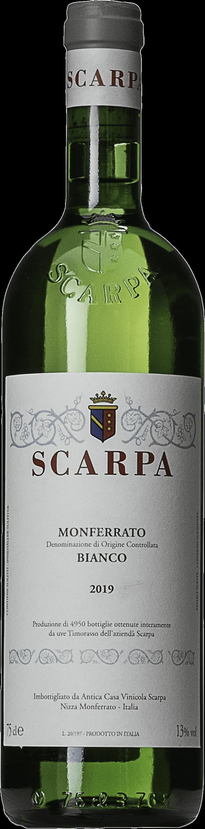 Flaska av Scarpa vitt vin mot en neutral bakgrund