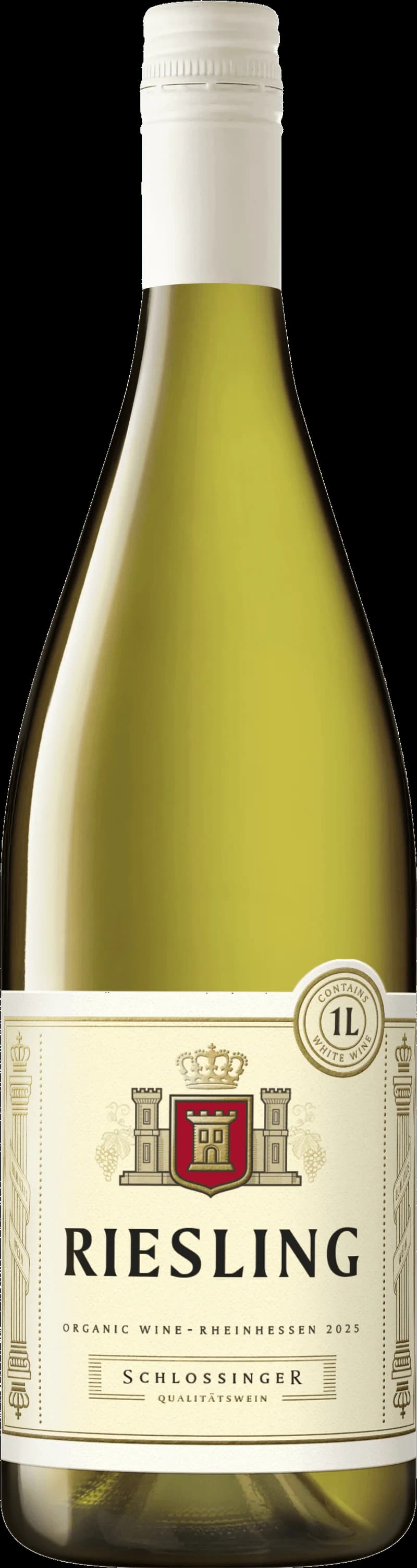 Flaska av Schlossinger vitt vin på en ljus bakgrund.