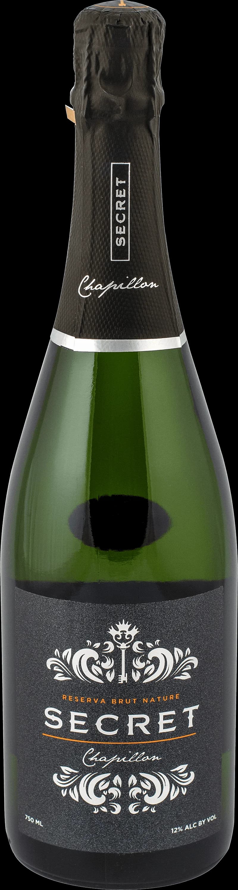Flaska med hemligt mousserande vin på en bordsservering.