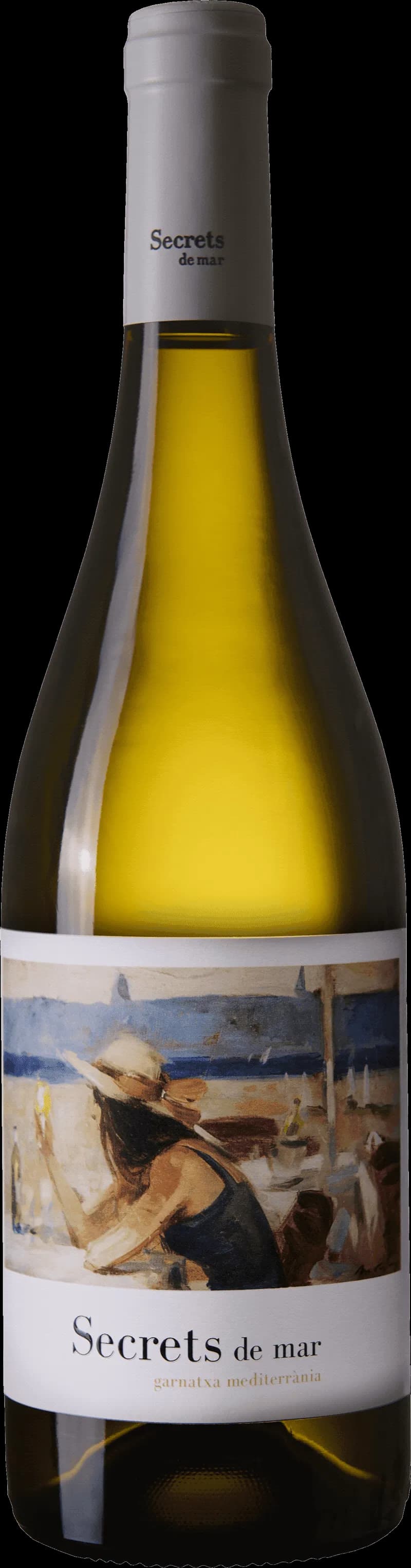 Flaska Secrets de Mar vitt vin mot ljus bakgrund