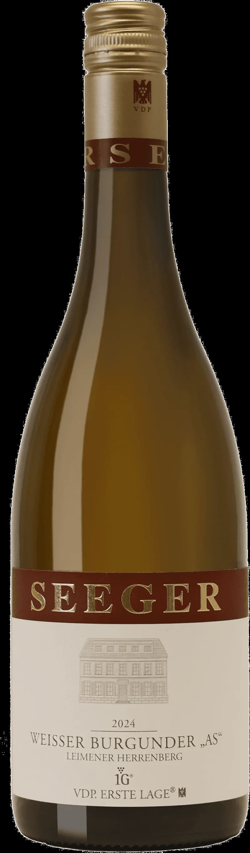 Flaska med vitt vin från Seeger, stående mot ljus bakgrund.