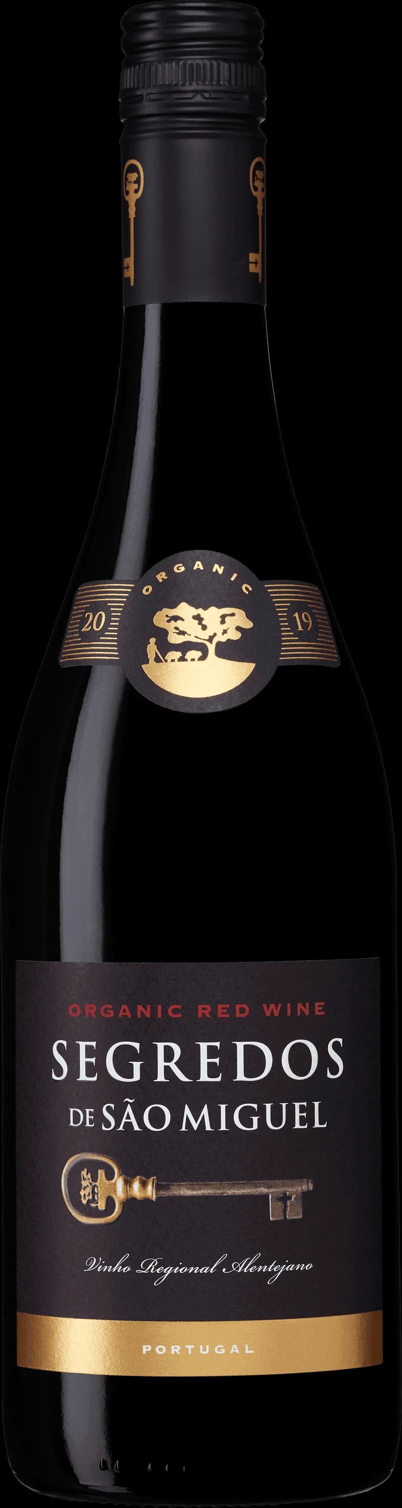 Flaska Segredos de S. Miguel rött vin mot en mörk bakgrund.