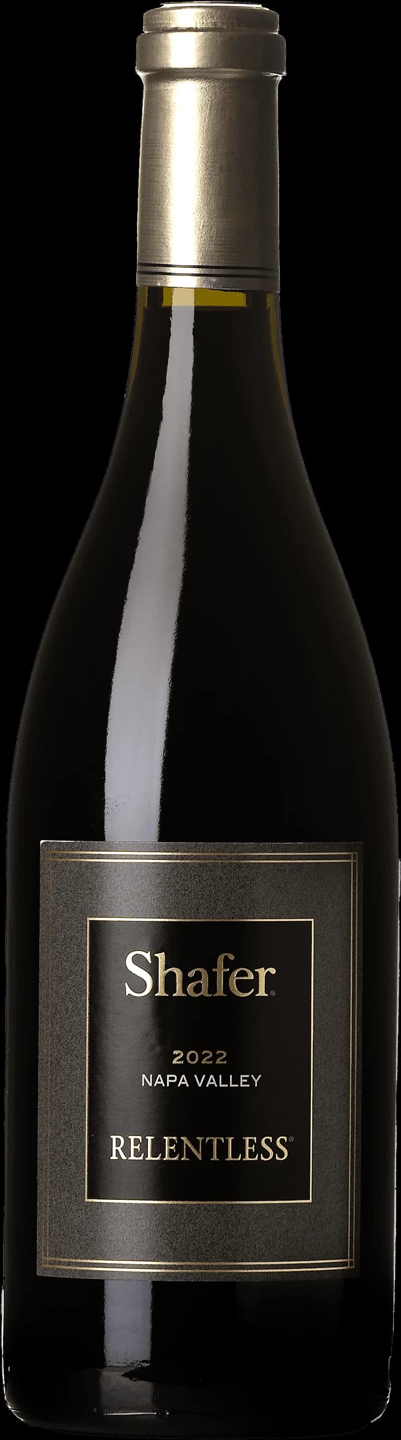 Flaska och glas med rött vin från Shafer Vineyards mot mörk bakgrund