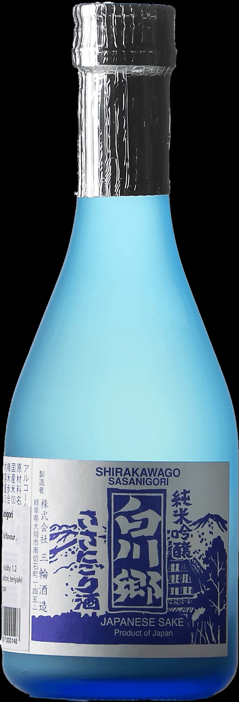 Flaska med Shirakawago Sasanigori sake mot en neutral bakgrund.