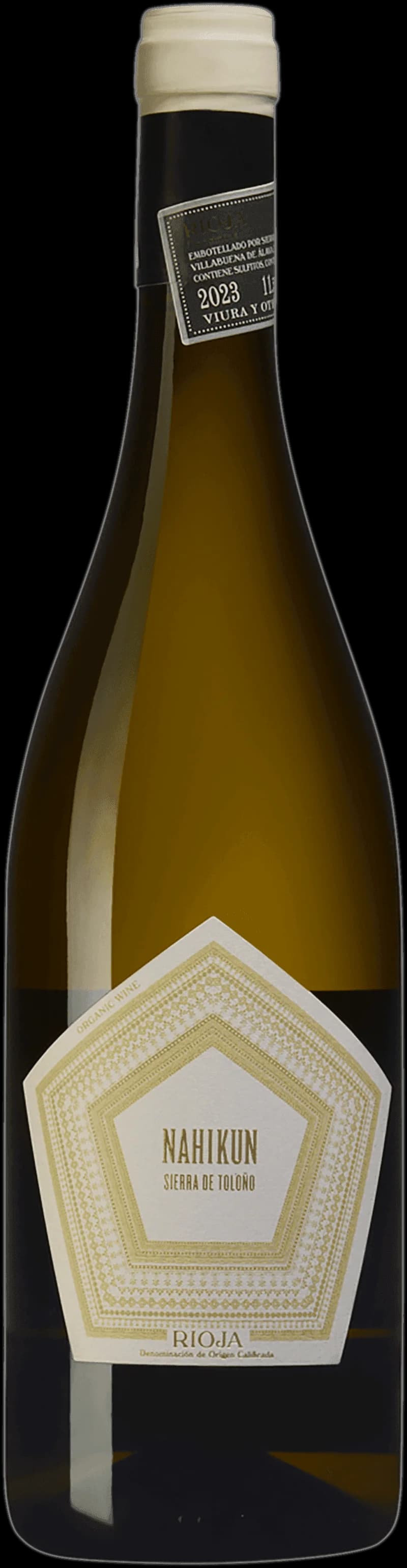 Flaska vitt vin från Sierra de Tolono på en bordduk.