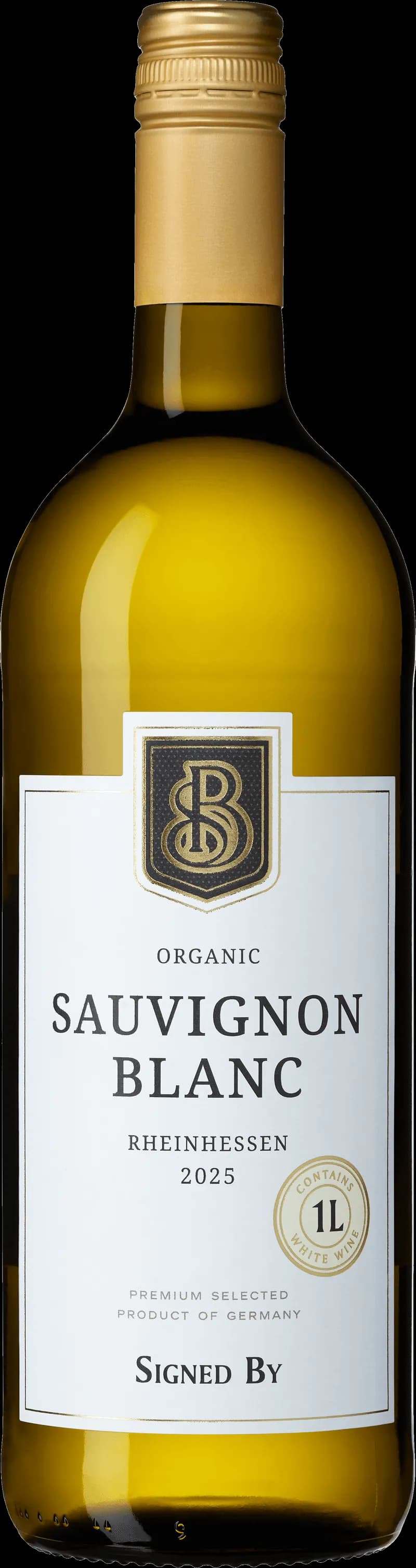Ett glas vitt vin med en signatur på etiketten
