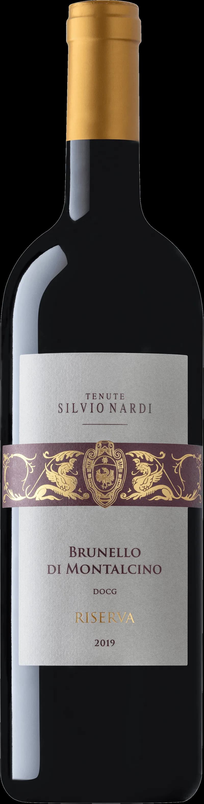 Flaska av Silvio Nardi Brunello di Montalcino Riserva rött vin mot neutral bakgrund.