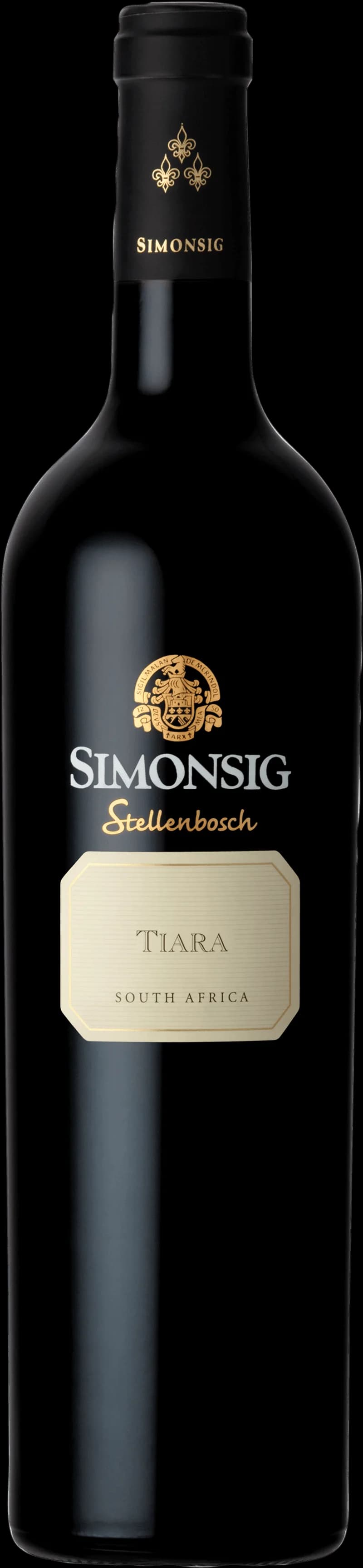Flaska med Simonsig rött vin mot neutral bakgrund