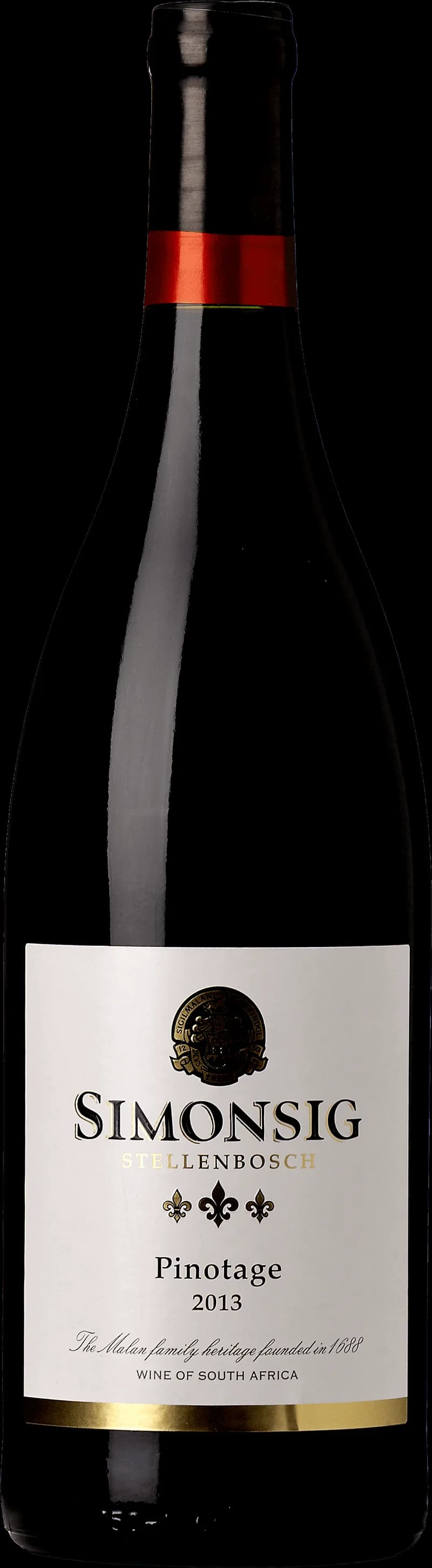 Flaska med Simonsig rött vin mot neutral bakgrund.