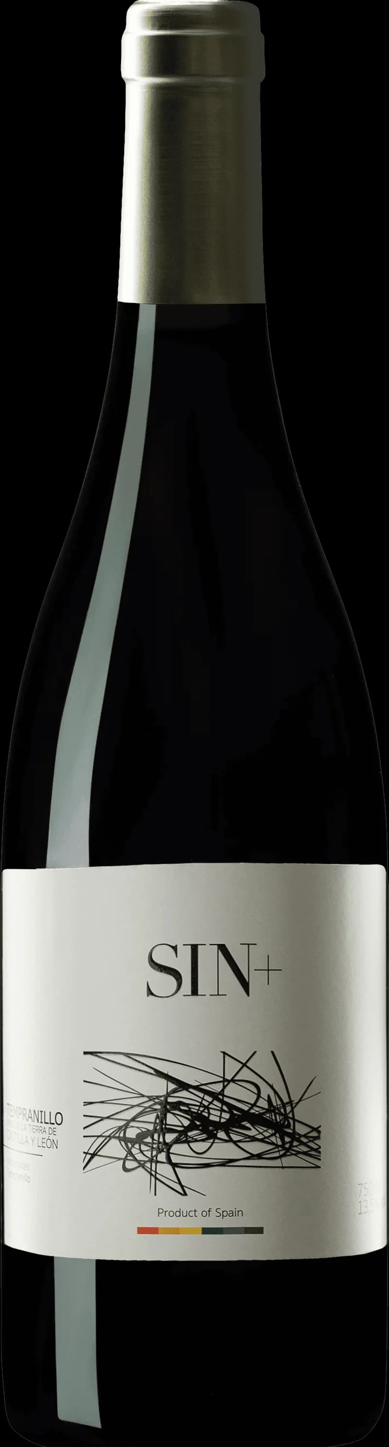Ett glas rött Tempranillo-vin på ett bord, med flaskan i bakgrunden.