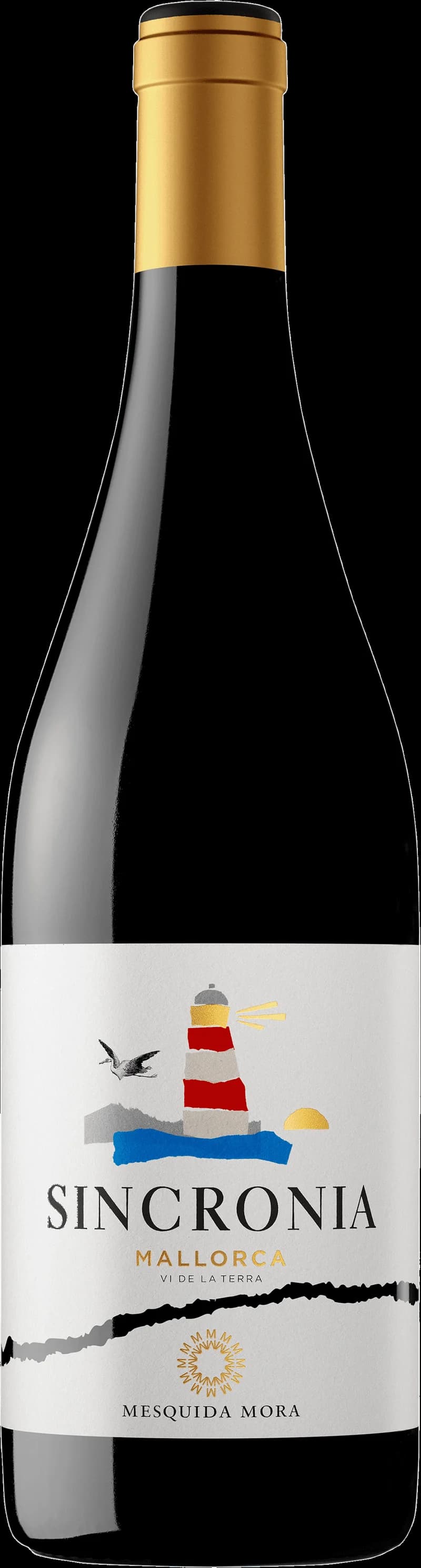 Flaska med Sincronia Negre rött vin mot mörk bakgrund
