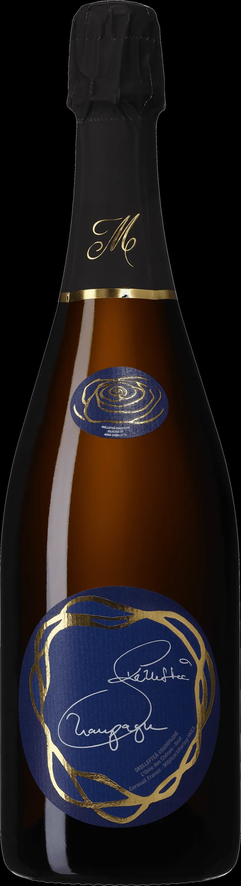 Flaska mousserande vin från Skellefteå med etikett.