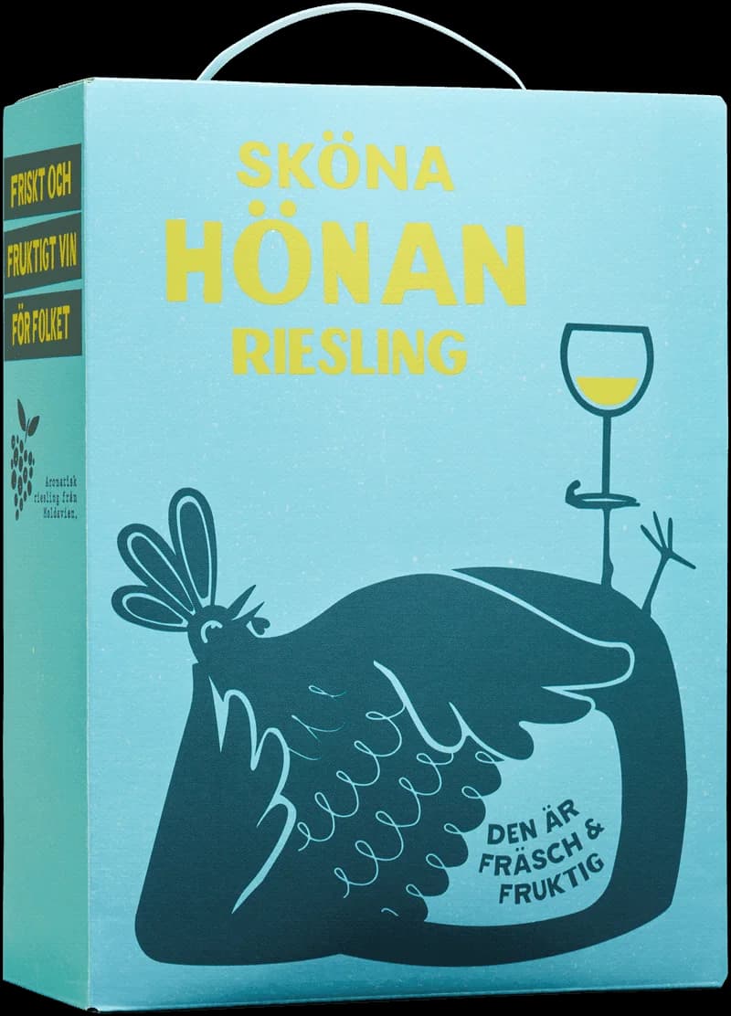 Flaska av Sköna Honan vitt vin på en ljus bakgrund