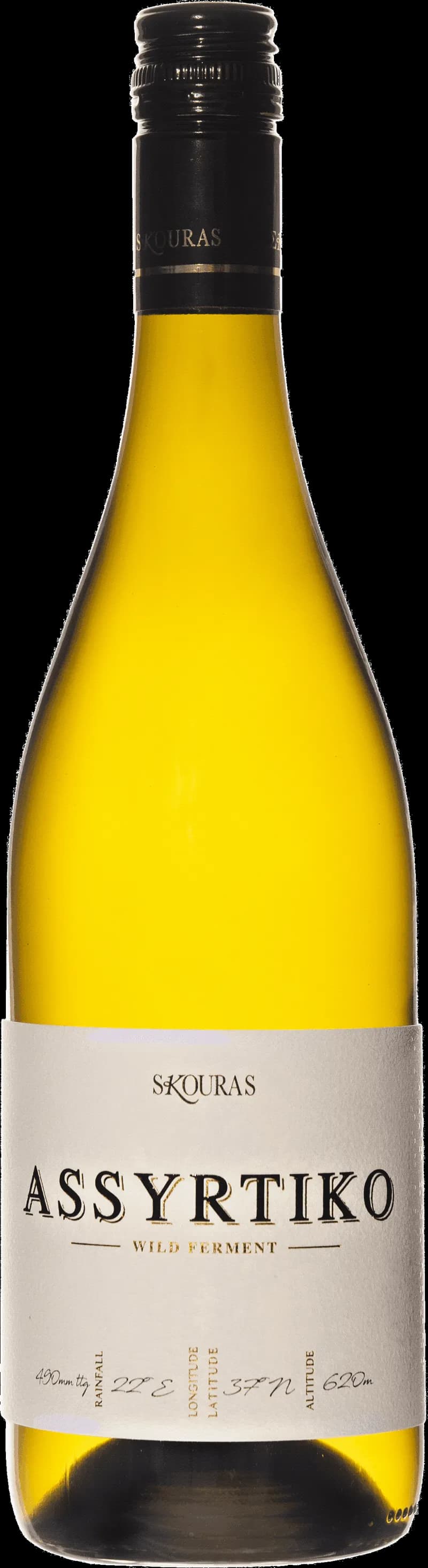 Flaska av Skouras Assyrtiko vitt vin mot ljus bakgrund.