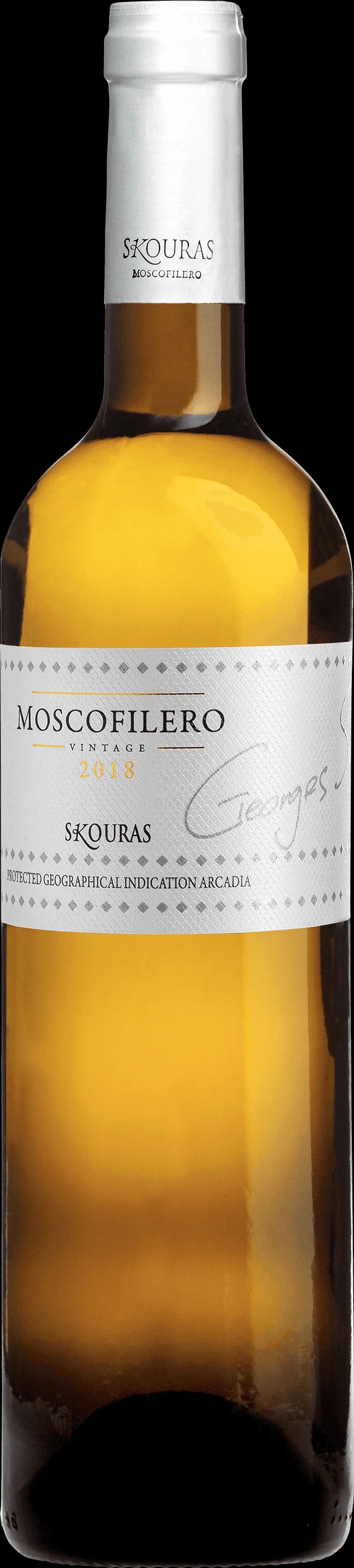 Flaska av Skouras vitt vin mot ljus bakgrund