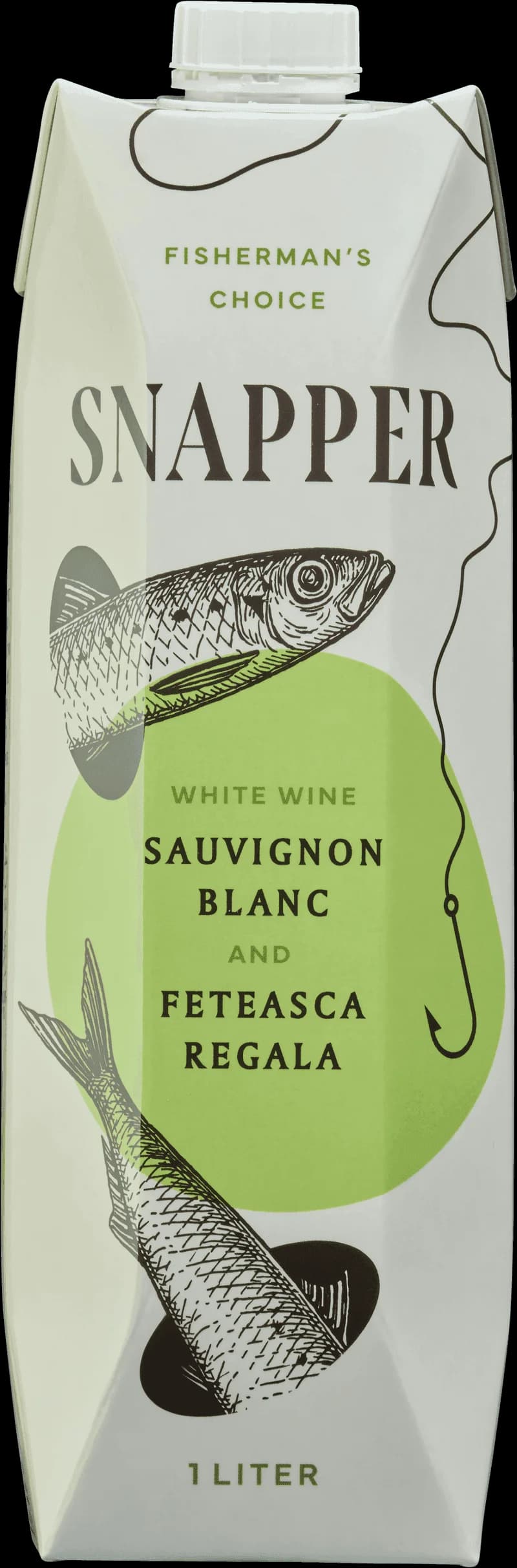 Tallrik med snapper och vitt vin på ett bord.