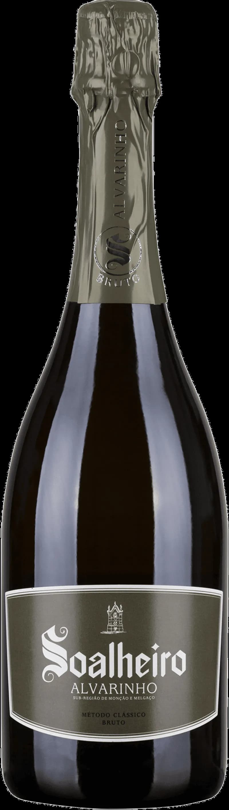 Flaska med Soalheiro mousserande vin mot ljus bakgrund